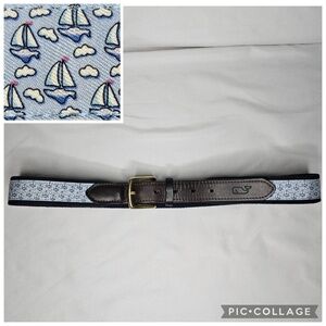 Men Vineyard Vines Shep Ian Sailboat Cloud Blue Canvas Club Belt Brass Buckle 36